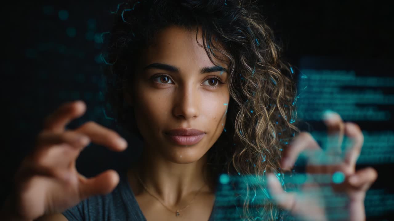 Exploring the Digital Frontier: A Captivating Glimpse into a Woman Engaging with Virtual Data Through Innovative Technology Interfaces, Interacting with Displayed Code and Information