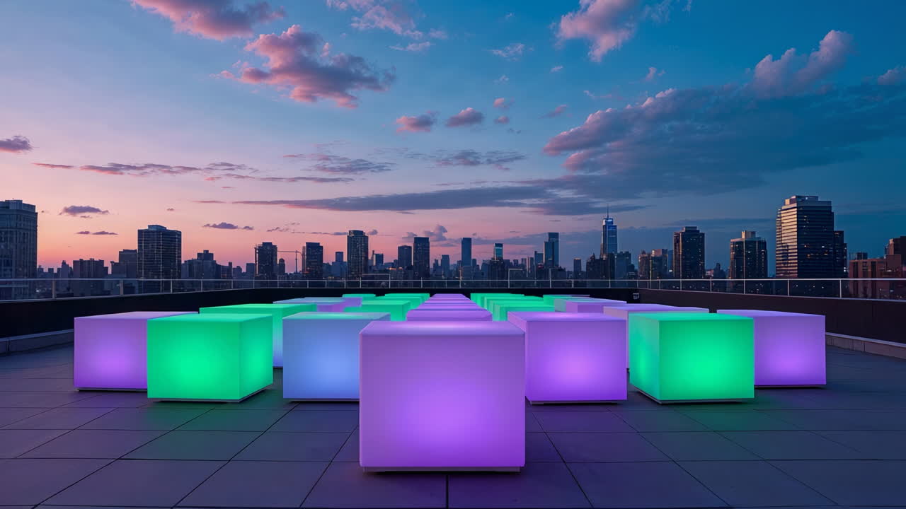 Illuminated Cubes on a Rooftop at Dusk with City Skyline