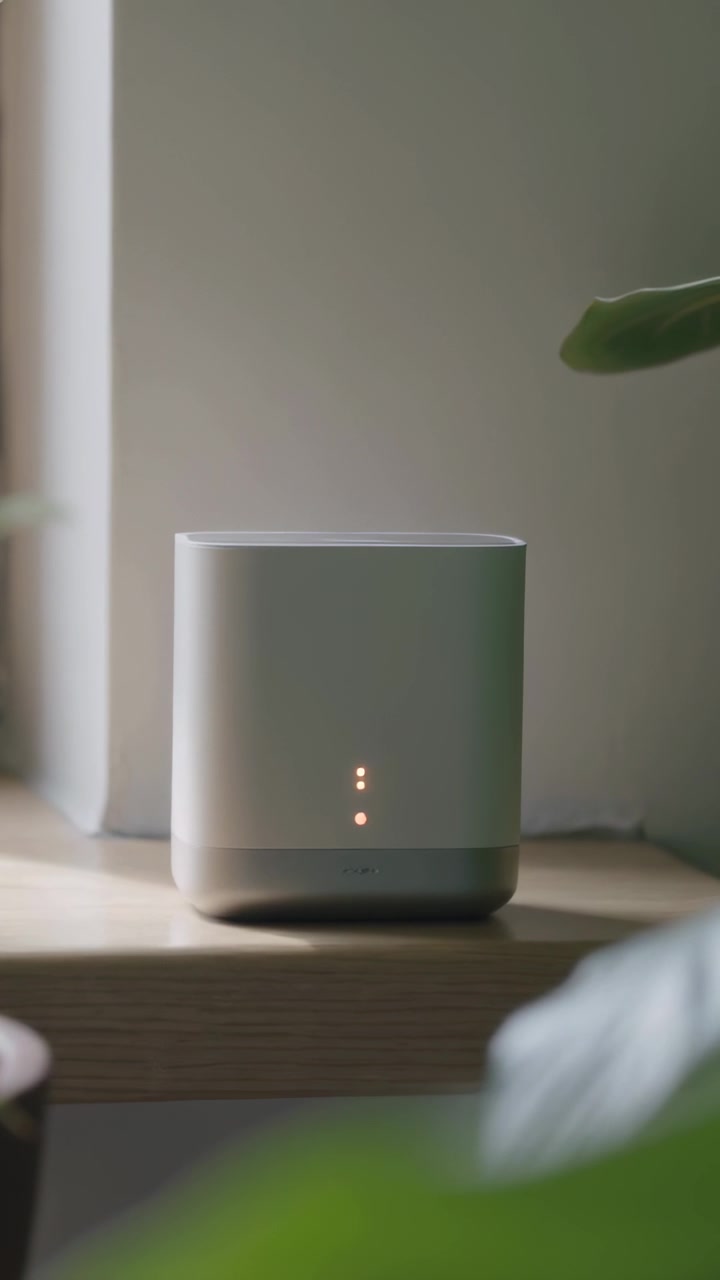 Vertical video: Moving camera centering white device on sill among plant leaves, amber LEDs glowing