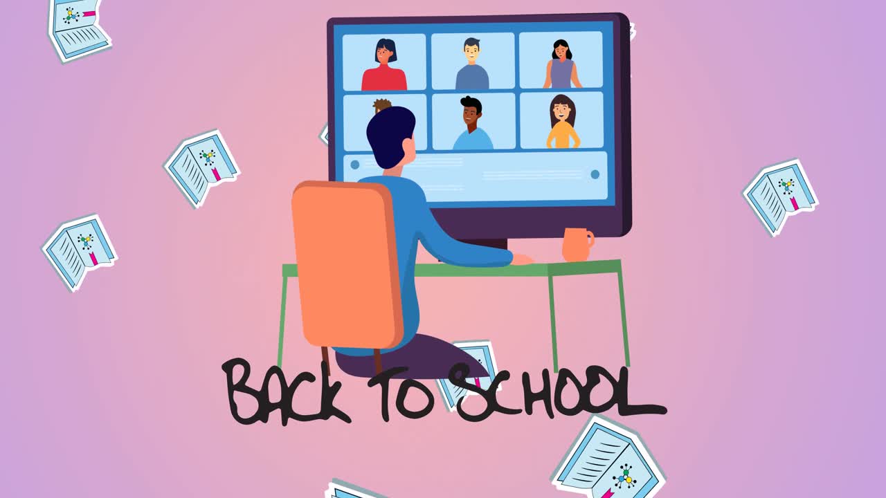 Animation of text back to school over falling textbooks and person on computer video call, on pink