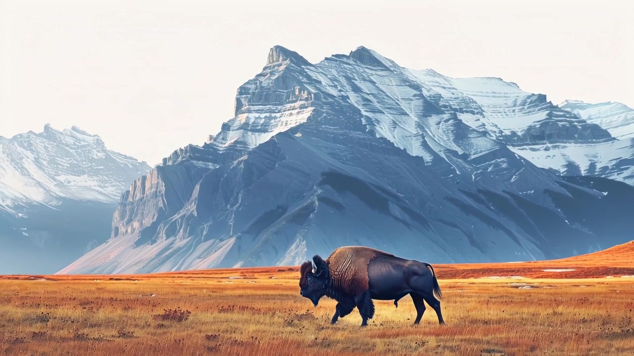 American Bison Grazing in a Vast Mountainous Landscape