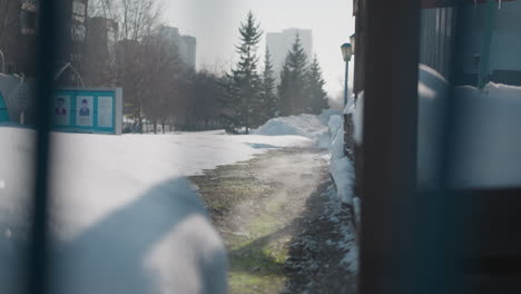 round view winter street covered in snow, conifer trees and buildings framing scene, soft winter daylight long shadows on icy path, melting snow green grass patches and wisp of steam rising
