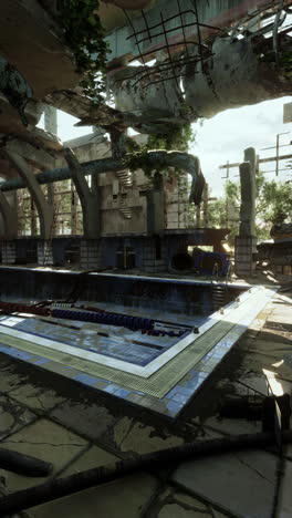 abandoned and overgrown swimming pool in a ruined building