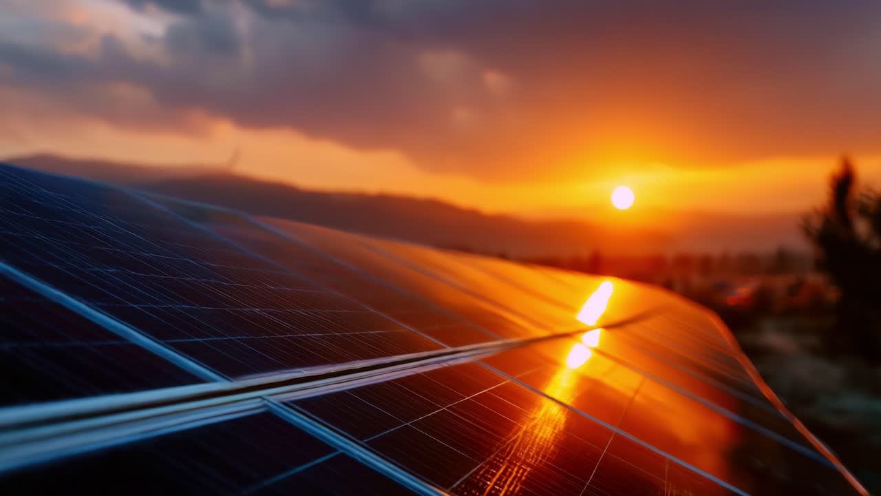 Stunning Sunset Over Solar Panels Illuminating Renewable Energy Landscape with Vibrant Colors and Reflective Surfaces Capturing Nature's Beauty