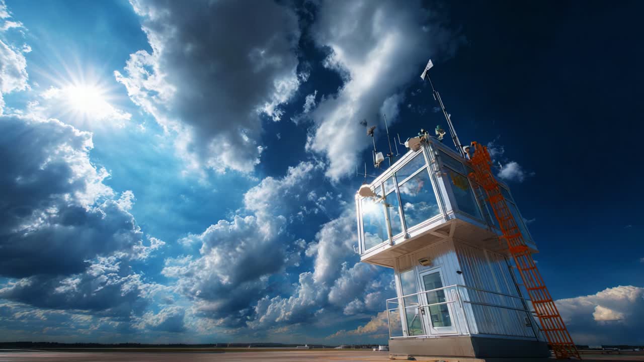 A Stunning View of a Control Tower Beneath Dramatic Clouds and Radiant Sunlight, Showcasing the Interplay of Elements in the Sky and the Structure's Prominence
