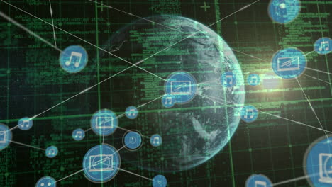 animación de la red de conexiones con iconos en todo el mundo y procesamiento de datos en fondo negro