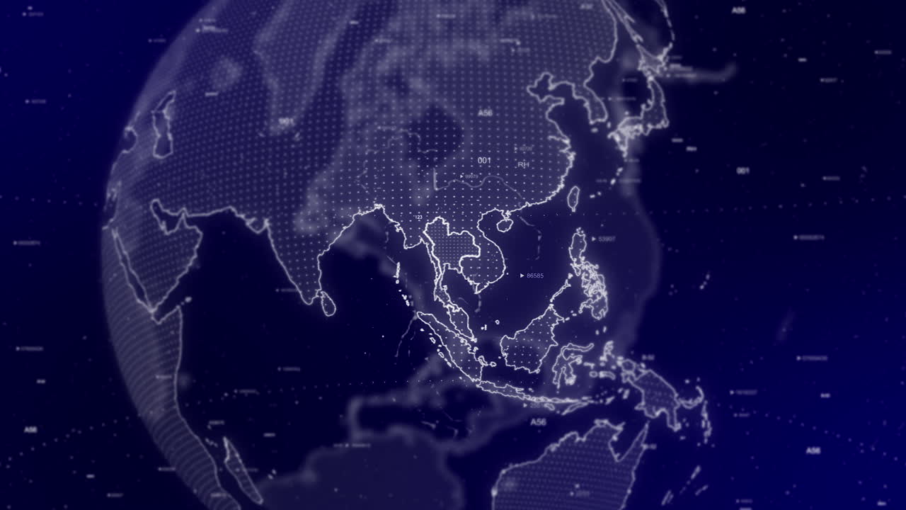 영화적 비디오 배경은 태국 국가를 확대하여 회전하는 디지털 지구를 보여줍니다.