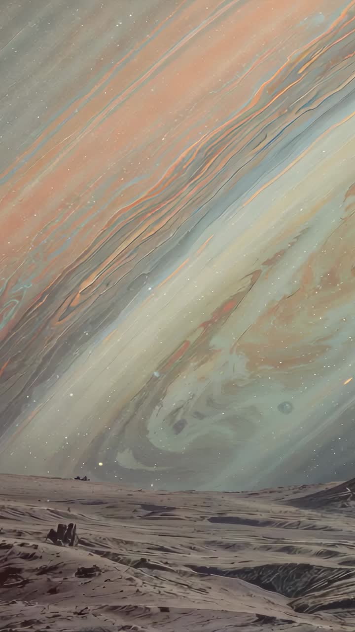 Vertical video: Drifting banded sky, ridged plain shifting on alien plain, camera pan causing drift