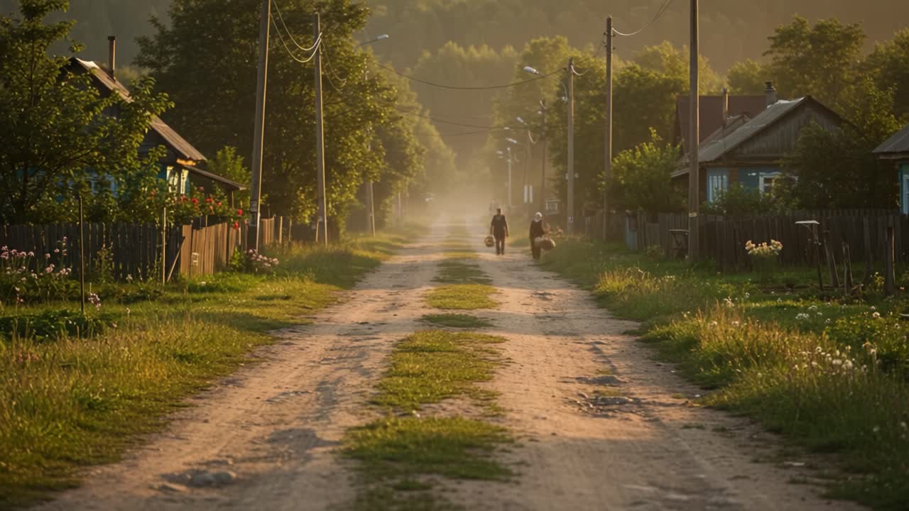 A Serene Evening Stroll Along a Dusty Pathway in a Tranquil Rural Village, Bathed in Warm Golden Light and Surrounded by Lush Greenery