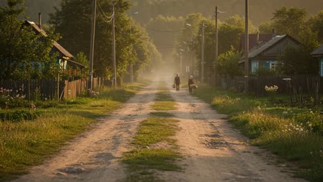 a serene evening stroll along a dusty pathway in a tranquil rural village, bathed in warm golden light and surrounded by lush greenery