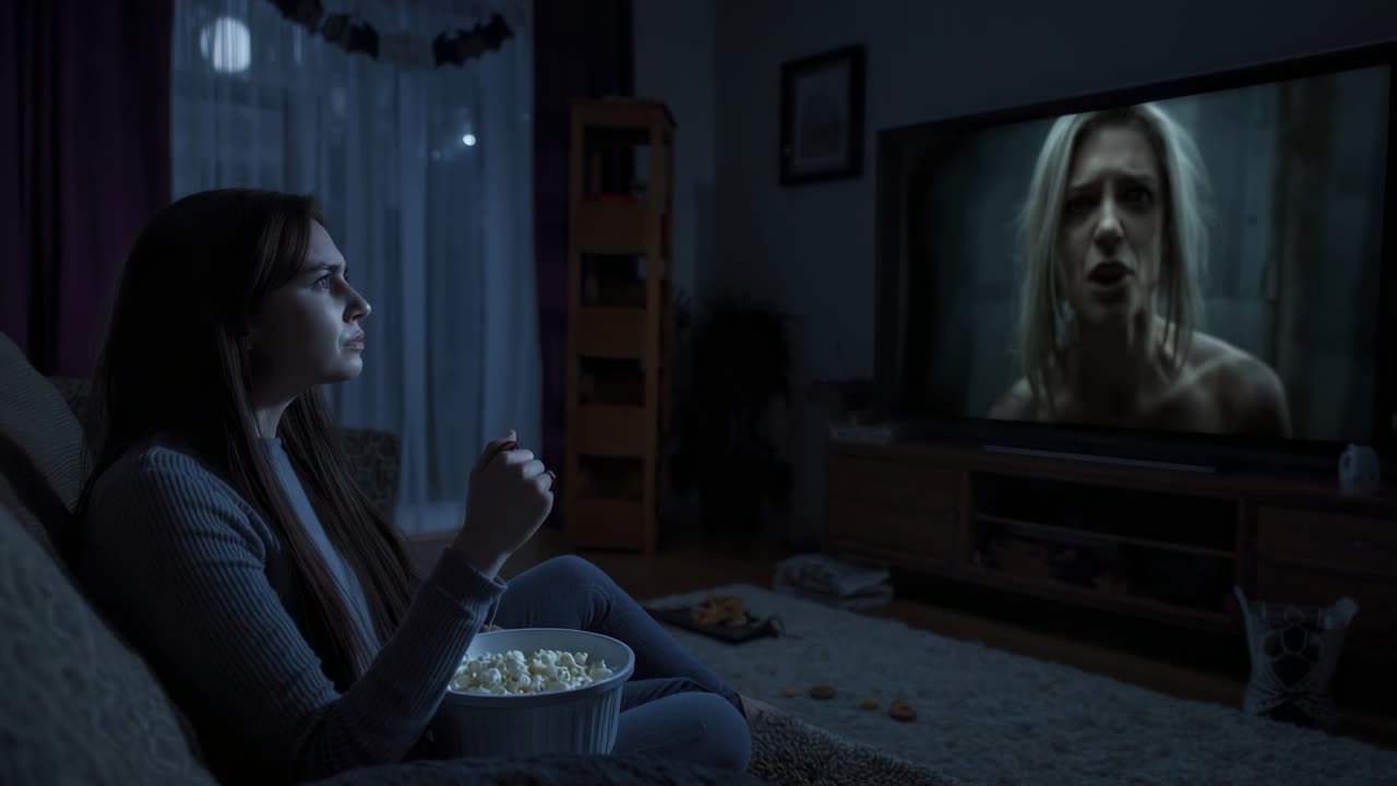 Hør skrigende kvinde i sweater, der læner sig frem og tager popcorn fra sofaen i stuen, kopiplads