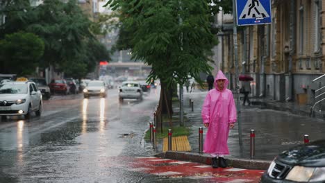 woman in pink raincoat on a rainy city street