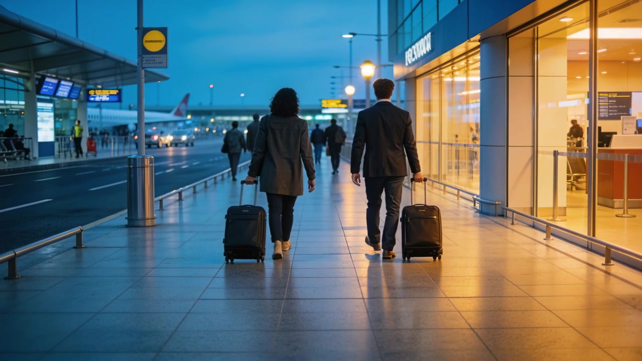 Walking two travelers in suit, coat pulling carry-ons along terminal curb to doors for boarding