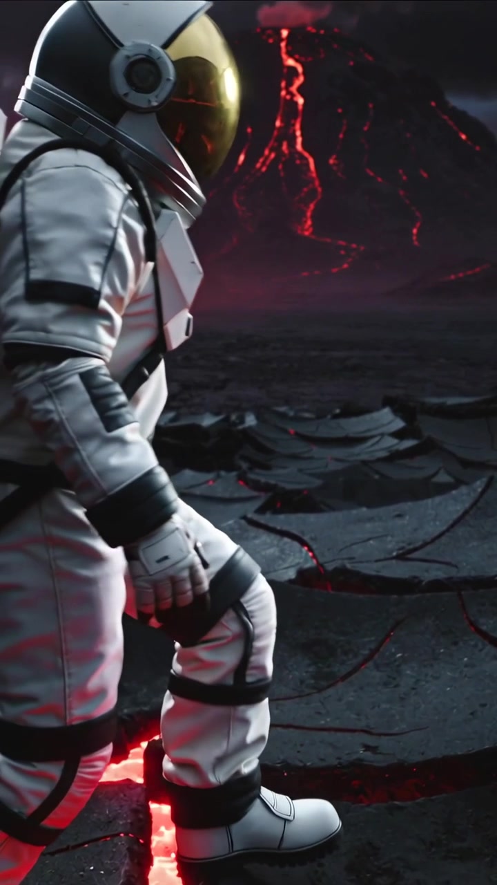 Lodret video: Går til venstre, astronaut i hvid dragt krydser sprækker mod en vulkan, med plads til tekst.