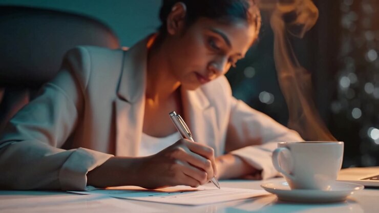 Focused Professional Woman Writing in a Dimly Lit Office with a Hot Cup of Coffee on the Table, Capturing a Moment of Productivity and Concentration