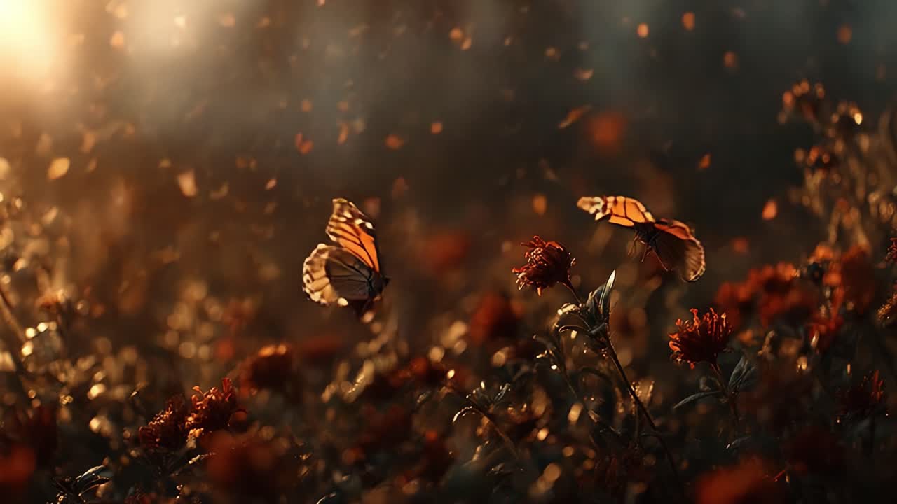 Una scena accattivante si rivela mentre vivaci farfalle danzano su un campo di fiori radiosi, illuminate dalla luce dorata del tramonto, incarnando l'essenza della natura e della bellezza.