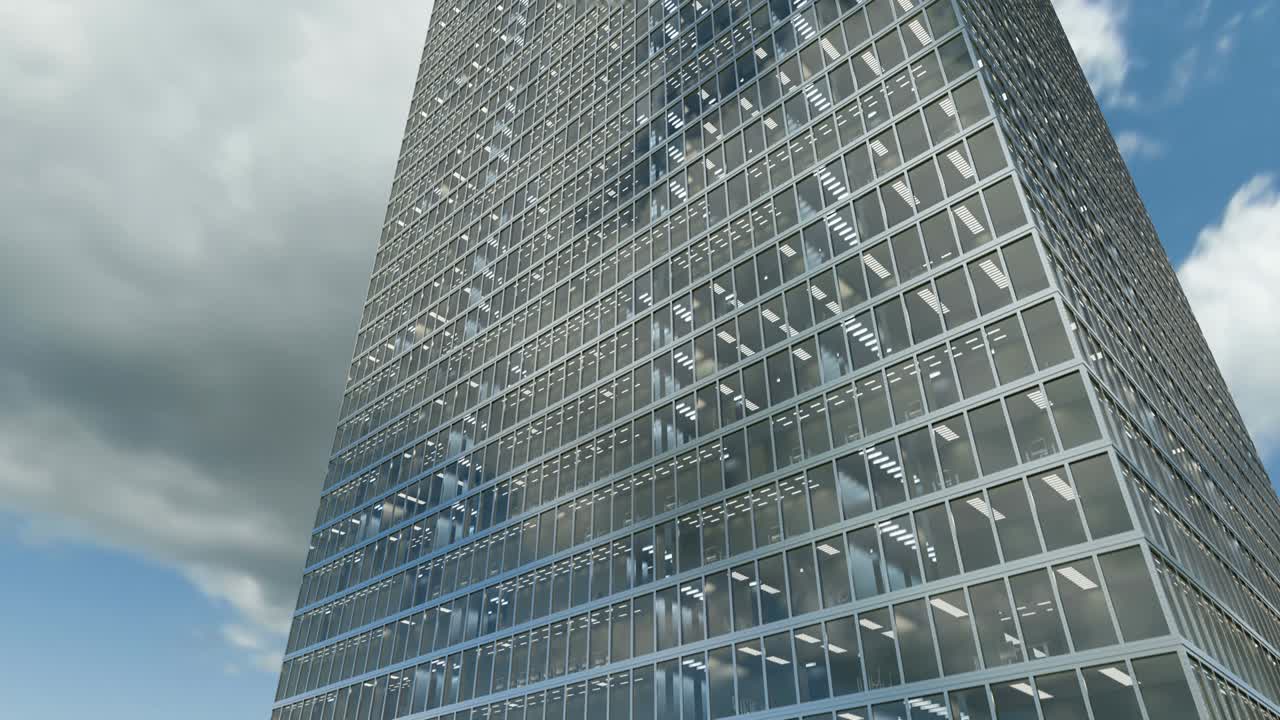 Skyscraper building against the cloudscape timelapse with blue sky seamless loop