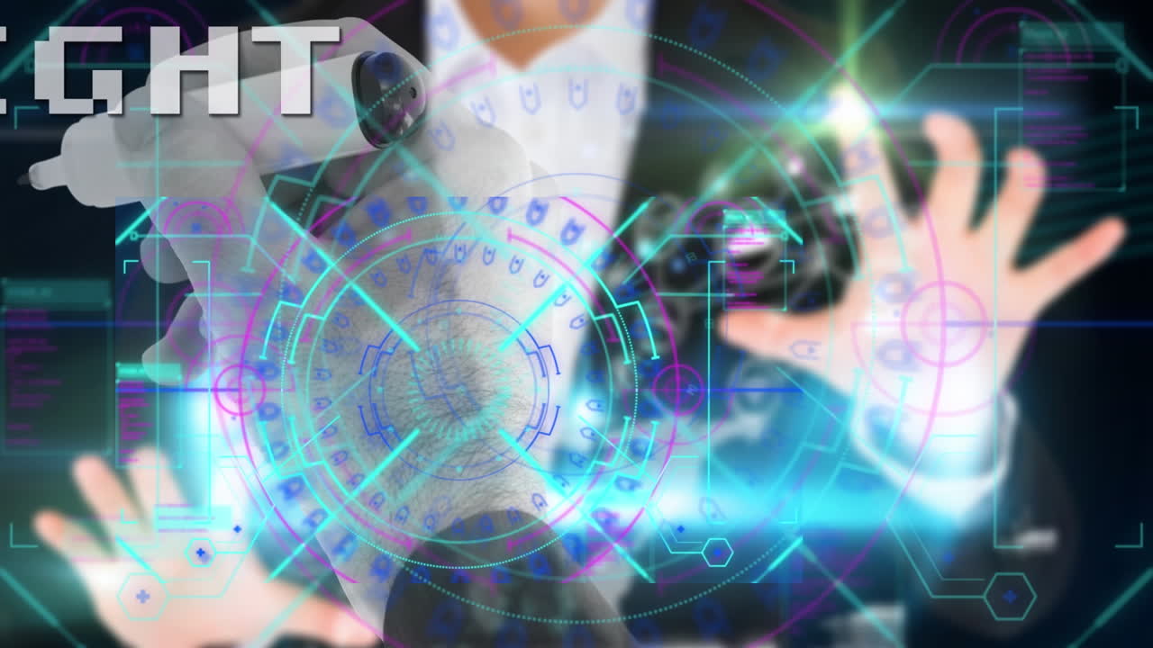 디지털 스크린에서 안경과 다양한 데이터를 사용하여 백인 여성에 대한 싸움의 애니메이션.