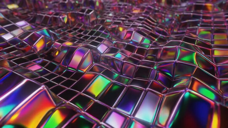 Superfície de Grade Metálica Iridescente Abstrata Movendo-se em Ondas