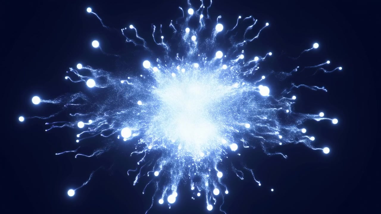 Blue Particle Energy Burst Radiating Outward With Glowing Tendrils And Luminescent Droplets Against Deep Navy