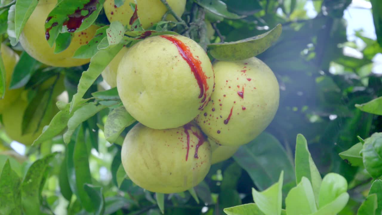 Primo piano di sangue che schizza su un grappolo di pompelmi su un albero.