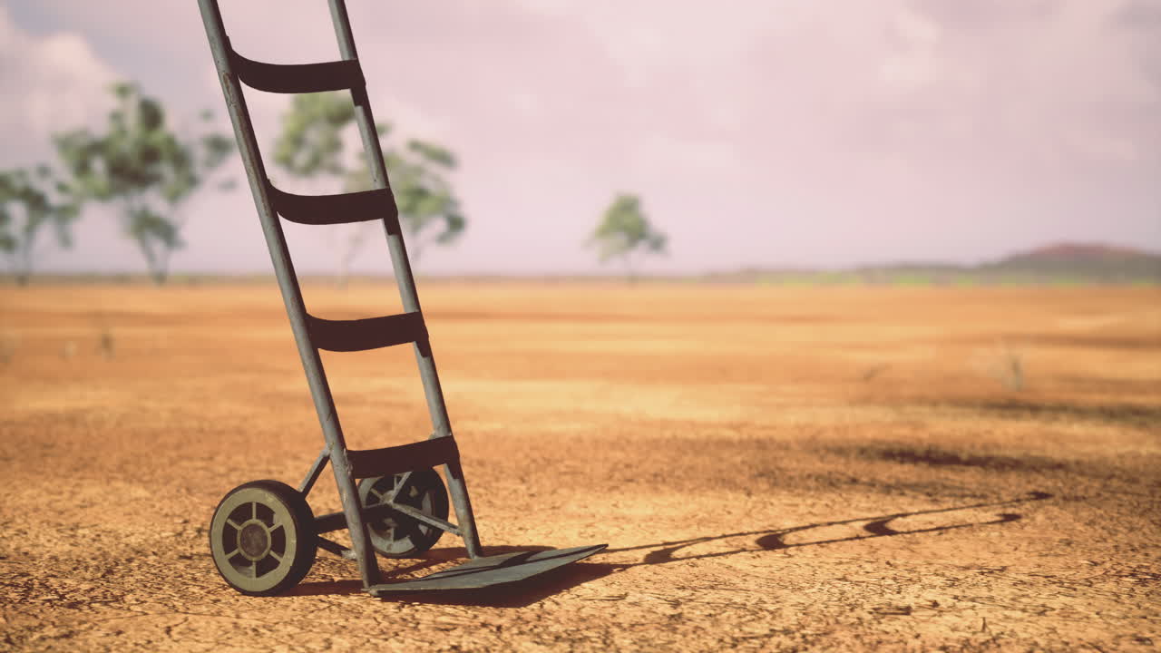 Carrello rustico poggiato su terra arida sotto un cielo luminoso in un paesaggio isolato