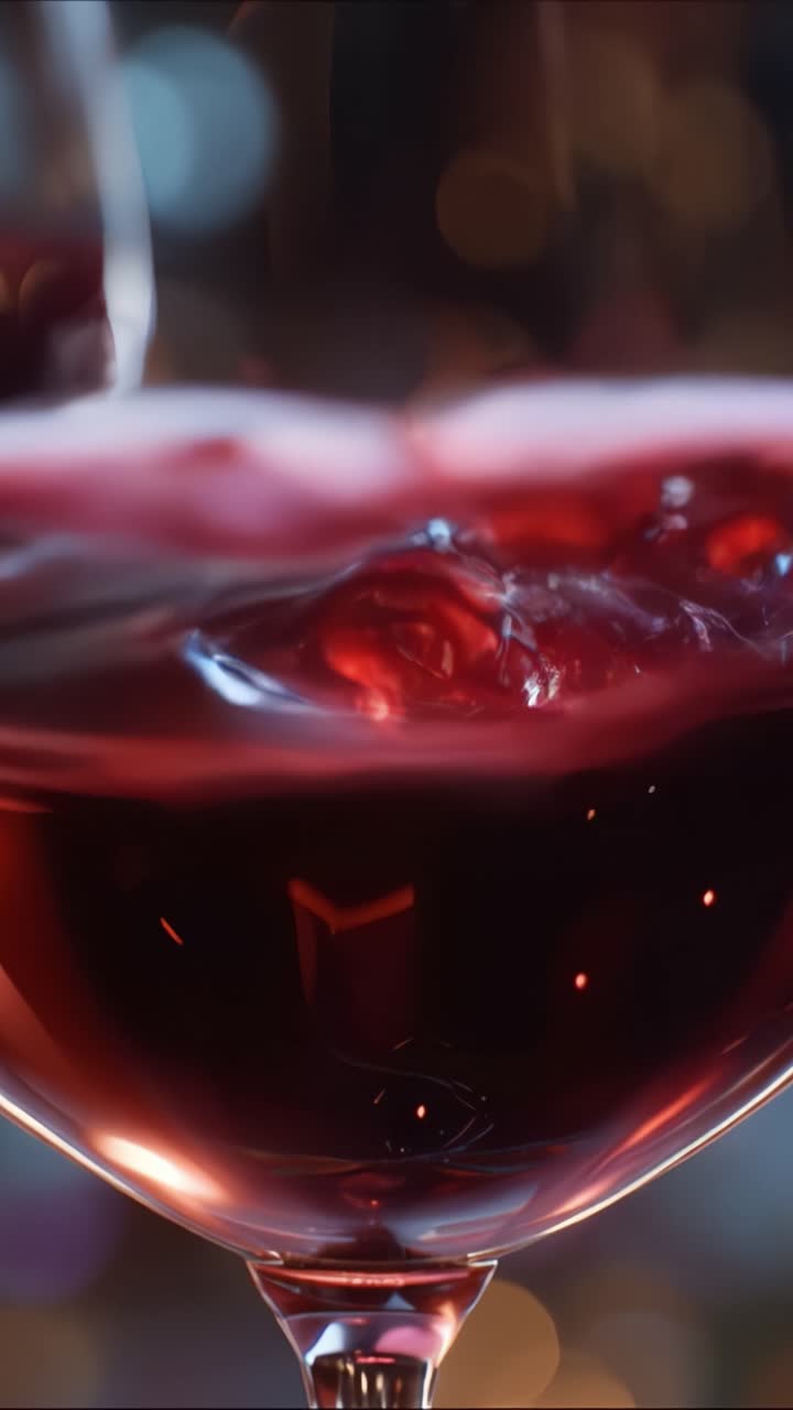 Primo piano accattivante di vino rosso in un bicchiere: una splendida esposizione di colore intenso e movimento, che evidenzia i riflessi e l'eleganza della bevanda.
