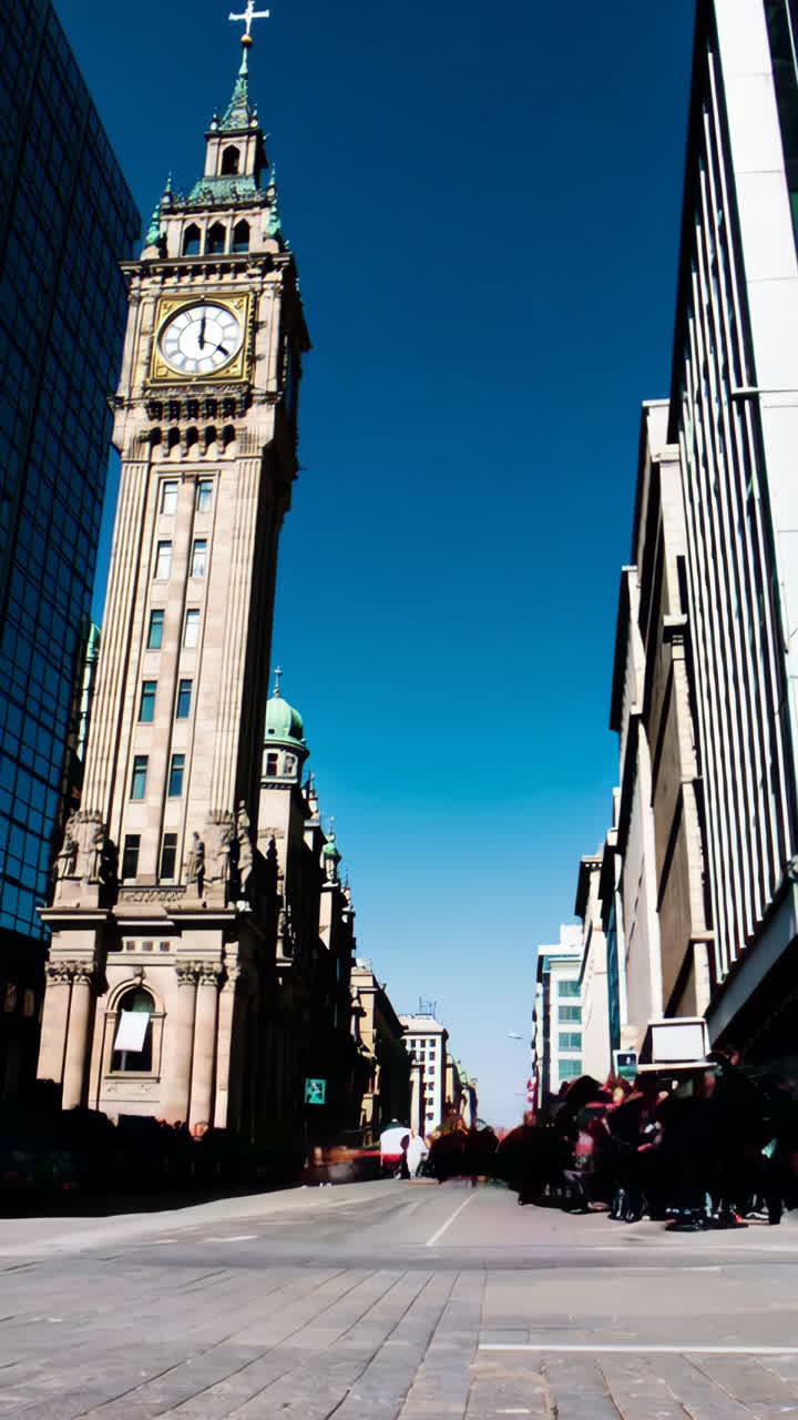 City Street with Clock Tower and Traffic