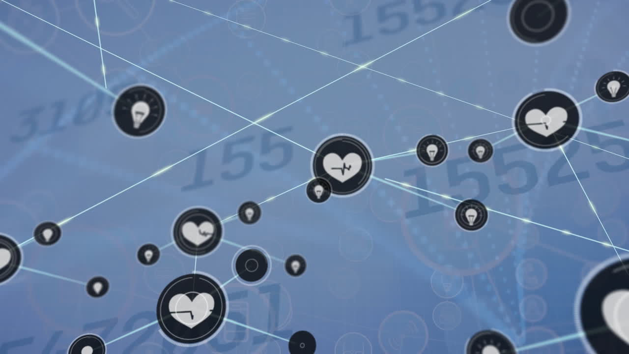 파란색 배경에 디지털 아이콘과 데이터 처리로 연결 네트워크의 애니메이션