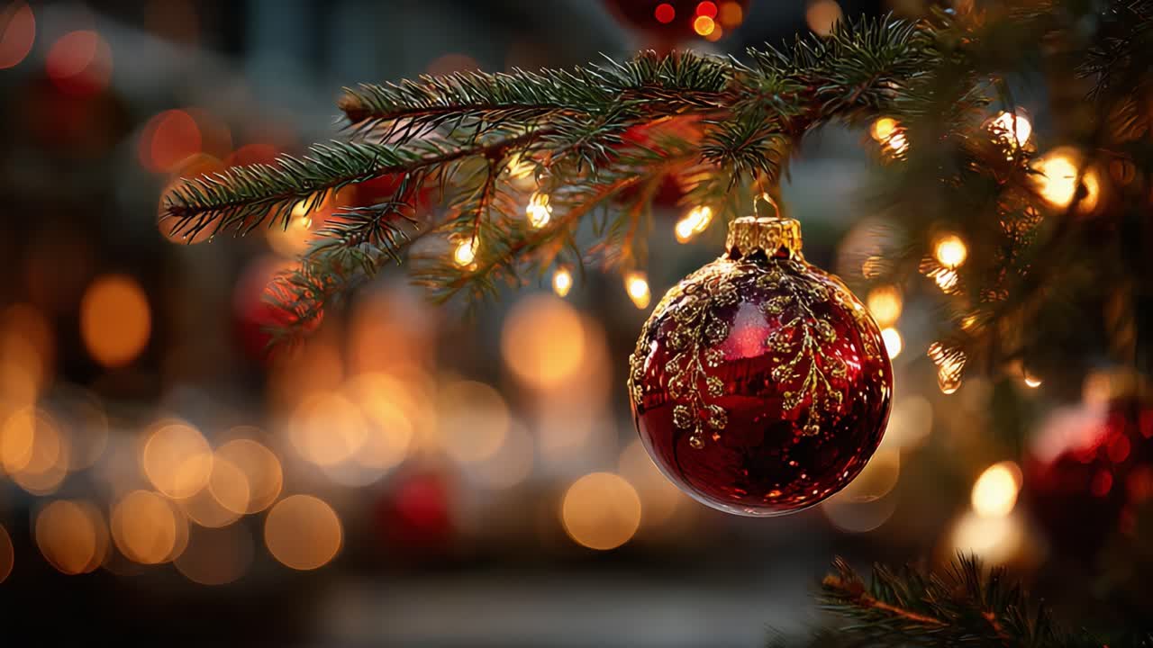 Uno straordinario primo piano di una decorazione natalizia splendidamente addobbata appesa a un ramo dell'albero, circondata da luci calde che creano un'atmosfera magica