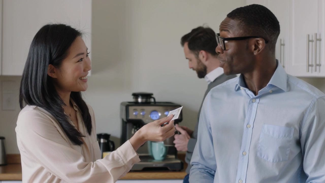 Speaking woman in beige blouse offering card to coworker in breakroom with espresso machine