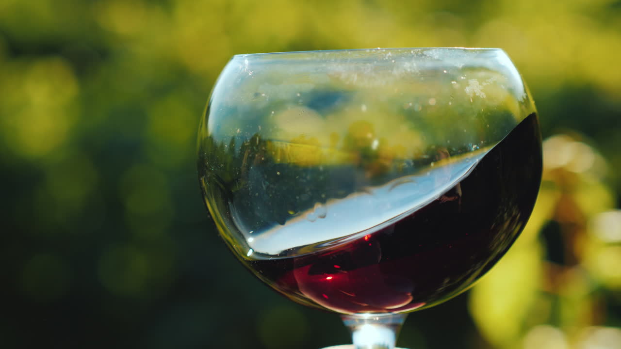 포도원 배경에 있는 적포도주 한 잔 태양이 유리에 반짝인다