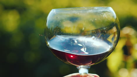 Ein-Glas-Rotwein-Auf-Dem-Hintergrund-Des-Weinbergs-Die-Sonne-Glitzert-Auf-Dem-Glas