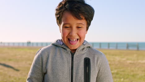 kid face, smile and excited boy feeling happy