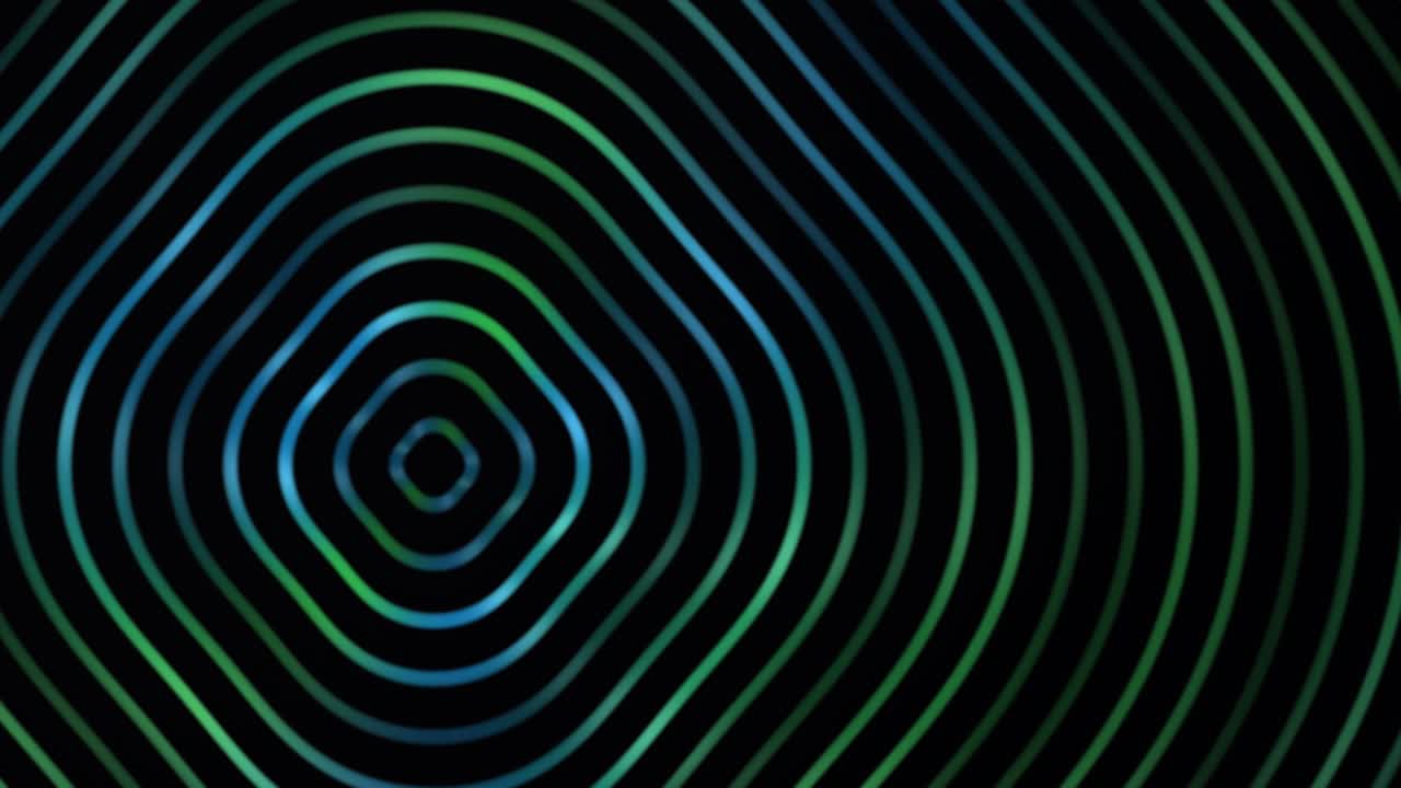Abstract motion background featuring concentric green and blue bands radiating outward from a central point against a black field