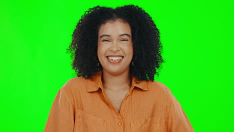 happy, face of woman and wink on green screen