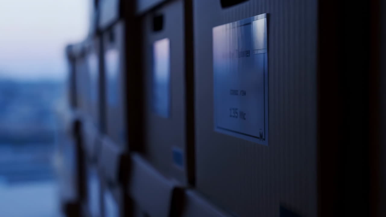 Archive boxes with labels in a dimly lit storage facility