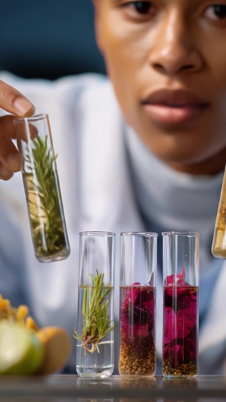 Vetenskapsman analyserar naturliga extrakt i provrör: Utforskar flora för potentiella tillämpningar inom vetenskap och medicin genom innovativa tekniker