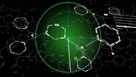 Animation-of-chemical-structures-and-data-processing-over-round-scanner-against-black-background