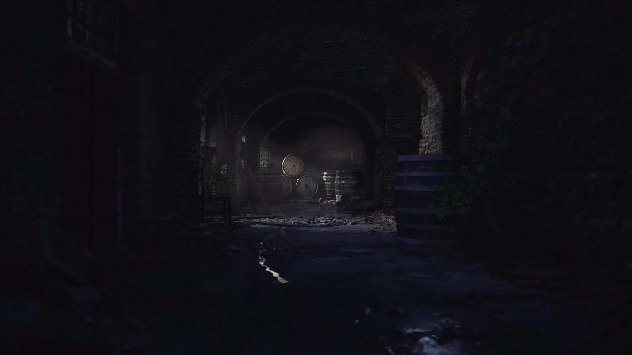 Entrada misteriosa de porão adornada com barris vintage e alvenaria de tijolos.