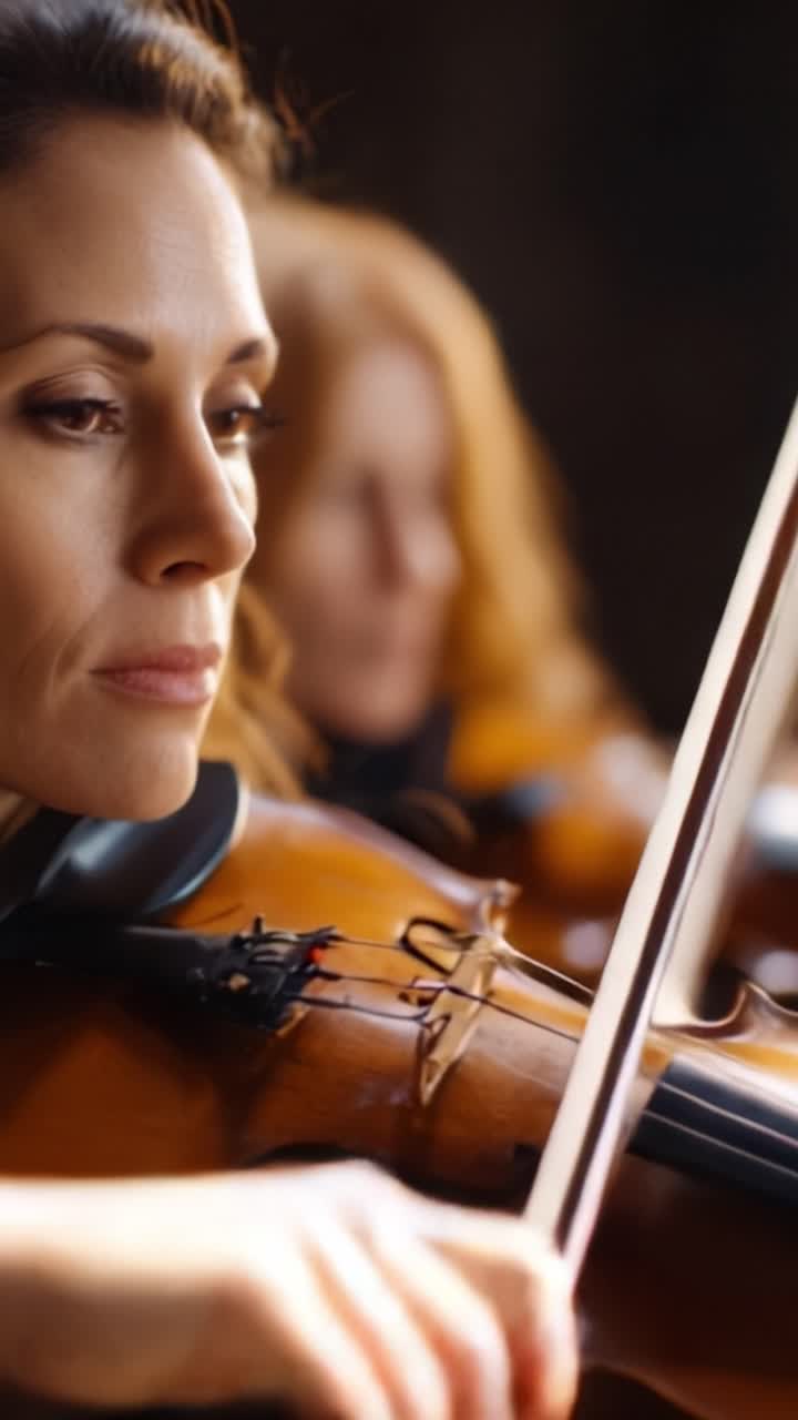 Un musicista concentrato che suona con passione il violino, mostrando un momento di espressione artistica in un'ambientazione intima di performance d'ensemble.