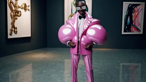 fashion model wearing an extravagant inflatable pink suit and dark glasses strikes a pose in a contemporary art gallery, showcasing a unique blend of haute couture and artistic expression