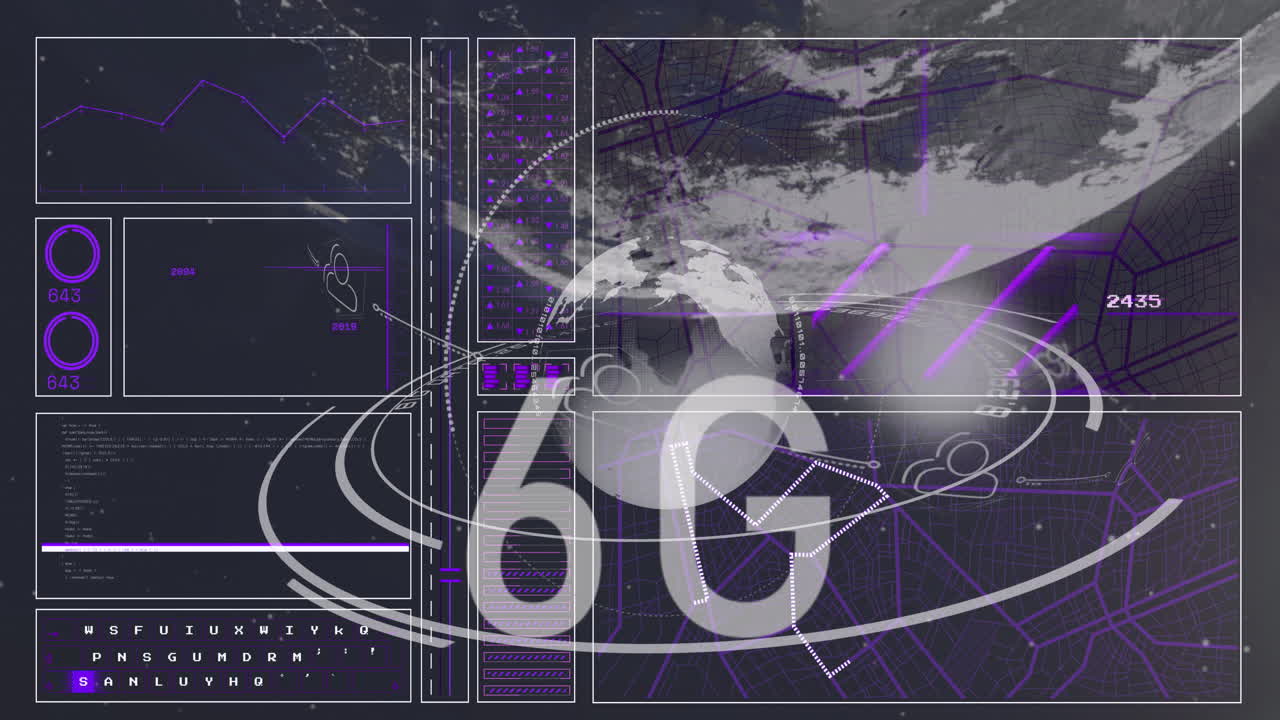 animación del procesamiento de datos con texto de 6g y globo sobre fondo negro