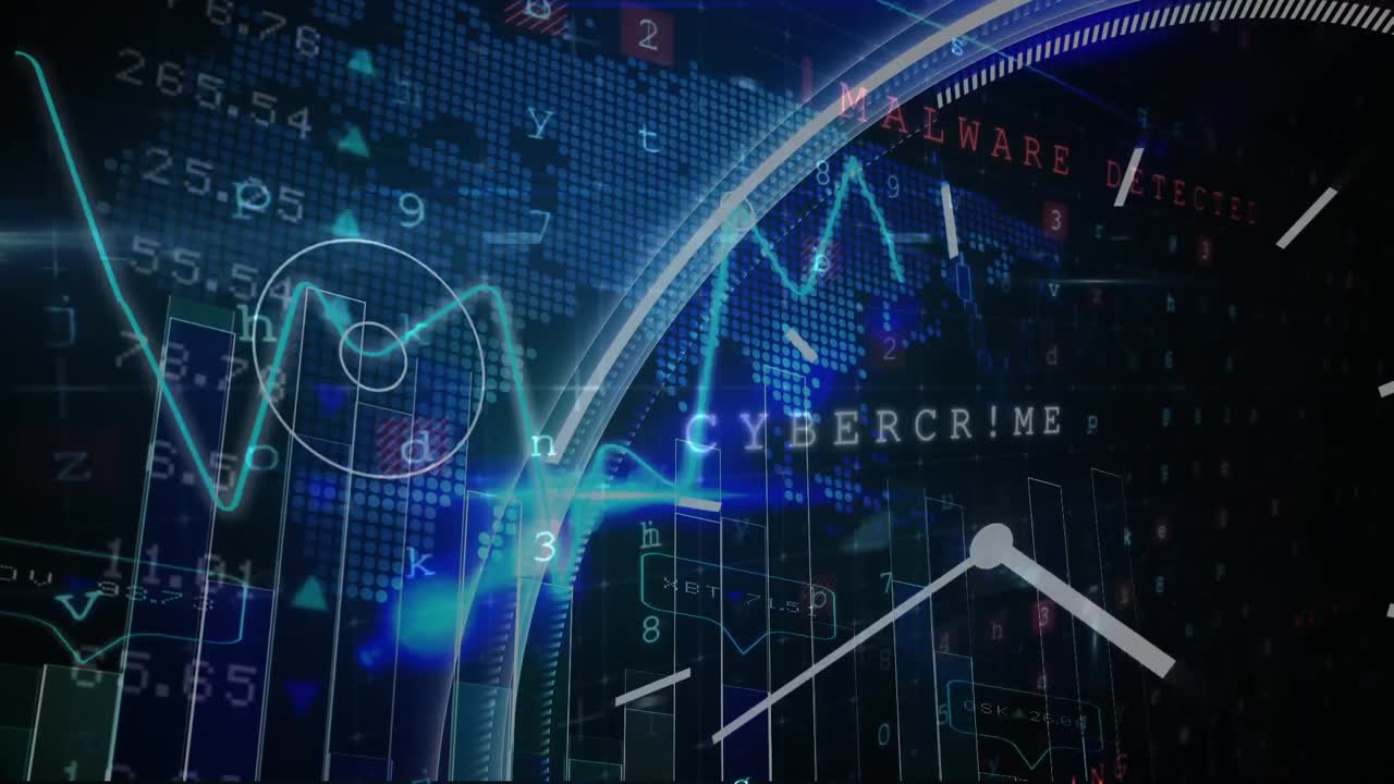 Heart rate monitor and Digital clock icon against stock market data processing