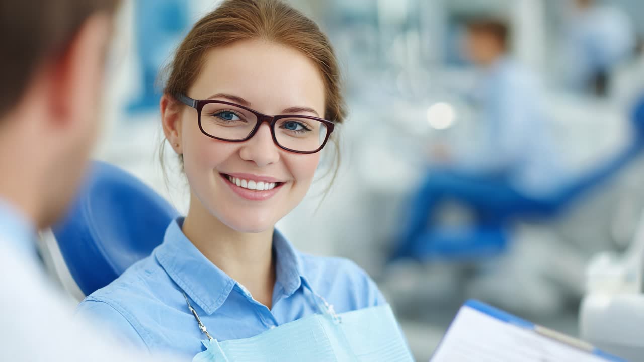Eine freundliche Zahnarzthelferin kümmert sich um einen Patienten und bietet Komfort und Professionalität in einem modernen Praxisumfeld.