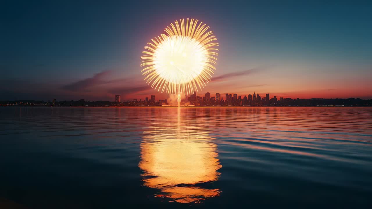 Sparks erupting starting golden firework bursts over city skyline at dusk, water reflecting light
