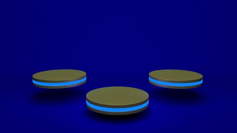 el soporte de producto dorado es un pedestal futurista o de podio en una pantalla vacía que crece con una luz intermitente con telón de fondo azul. renderización 3d. bucle sin costuras.