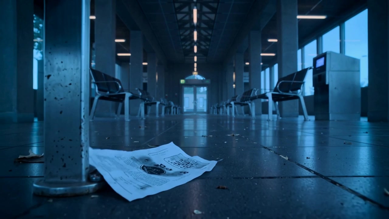 Shifting newspaper sheet rotating on station floor toward metal pole, being pushed by draft