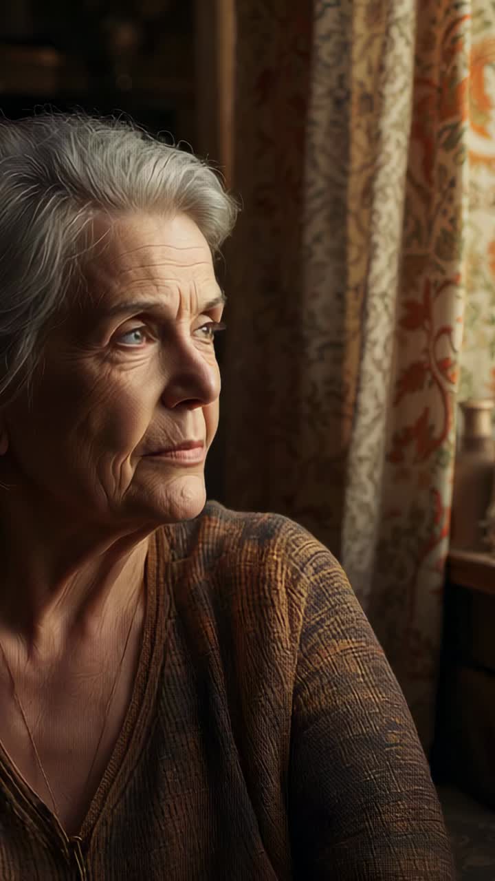 Vertical video: Sunlight drawing senior woman gazing by window at home, in brown top and pendant