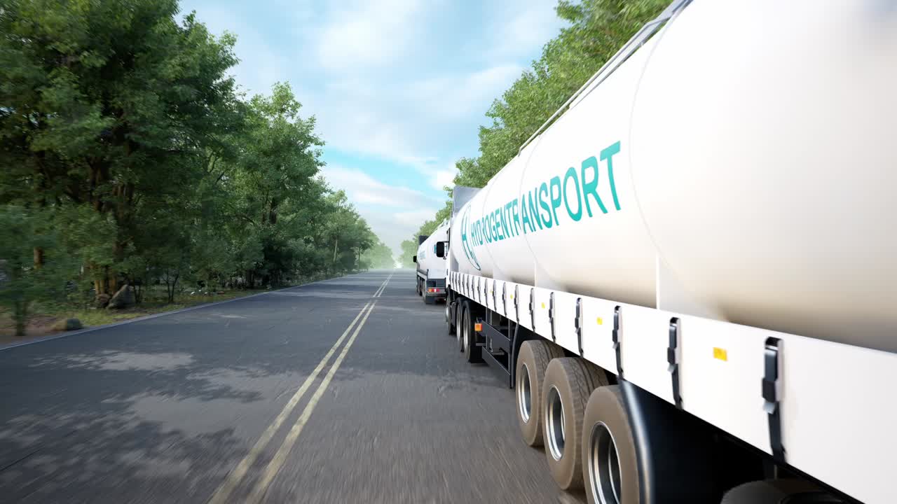 Hydrogen Logistics Concept. Truck With Gas Tank Trailer On The Road Lined